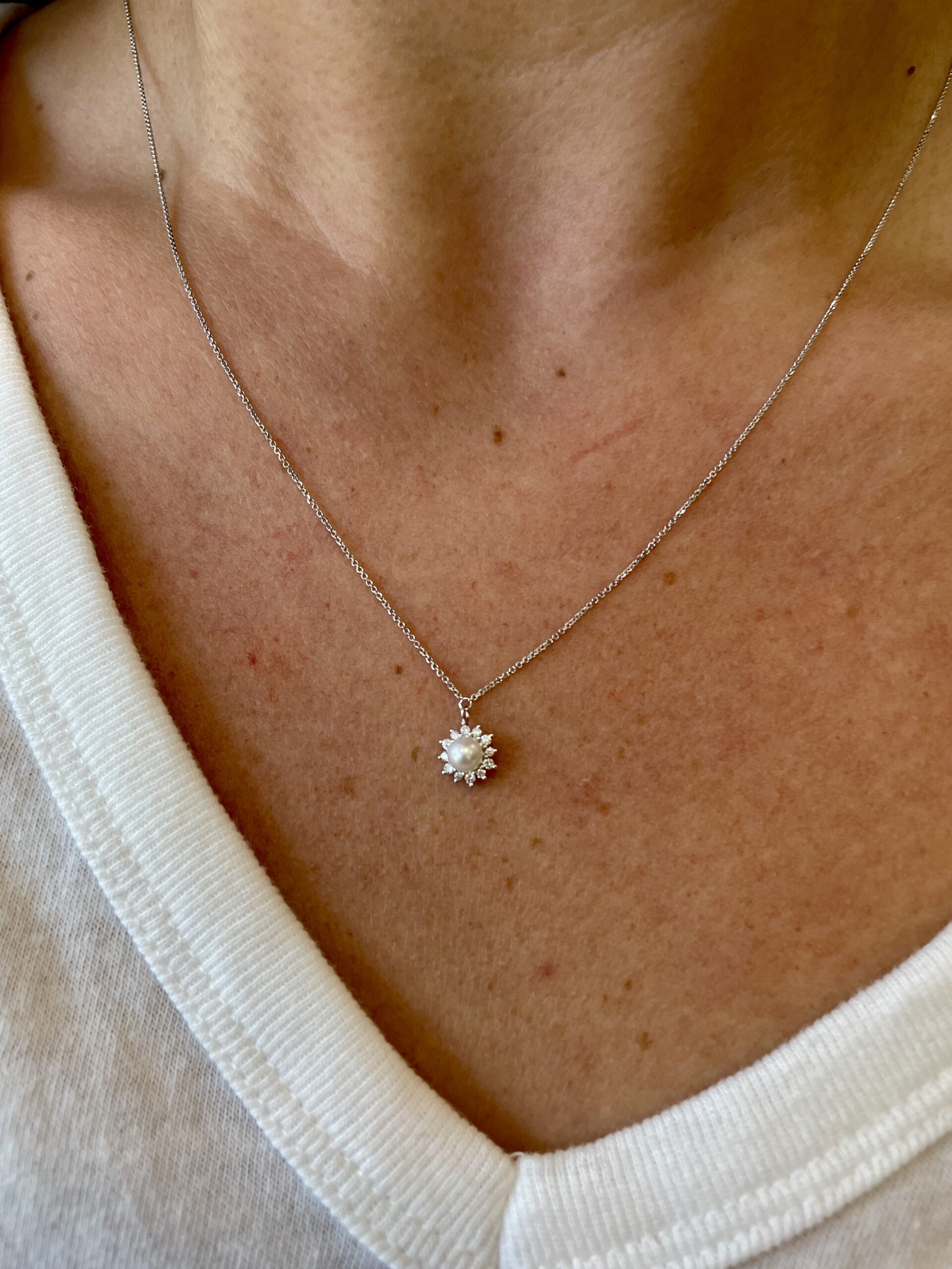 White Gold Petite Pearl and Diamond Burst Necklace