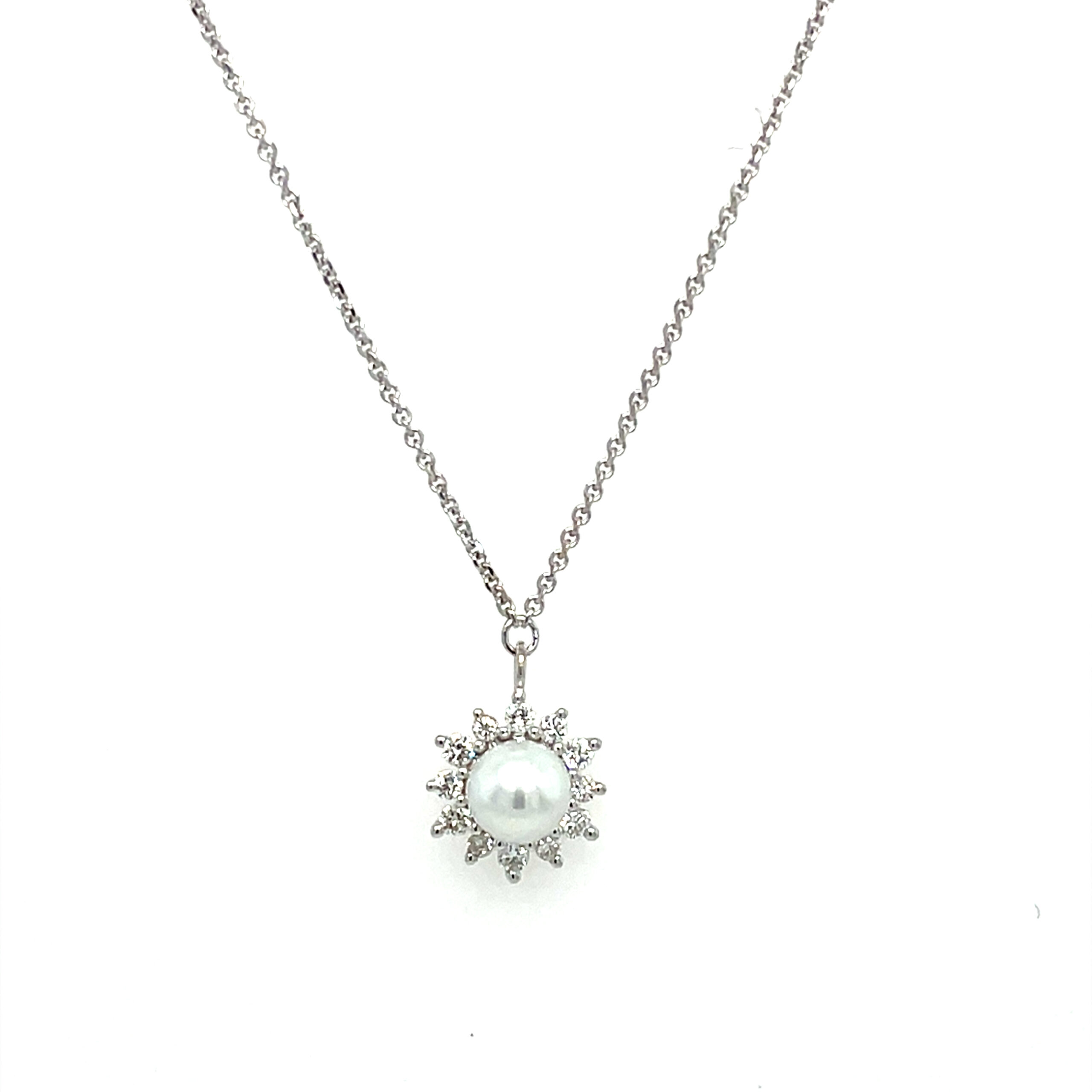 White Gold Petite Pearl and Diamond Burst Necklace