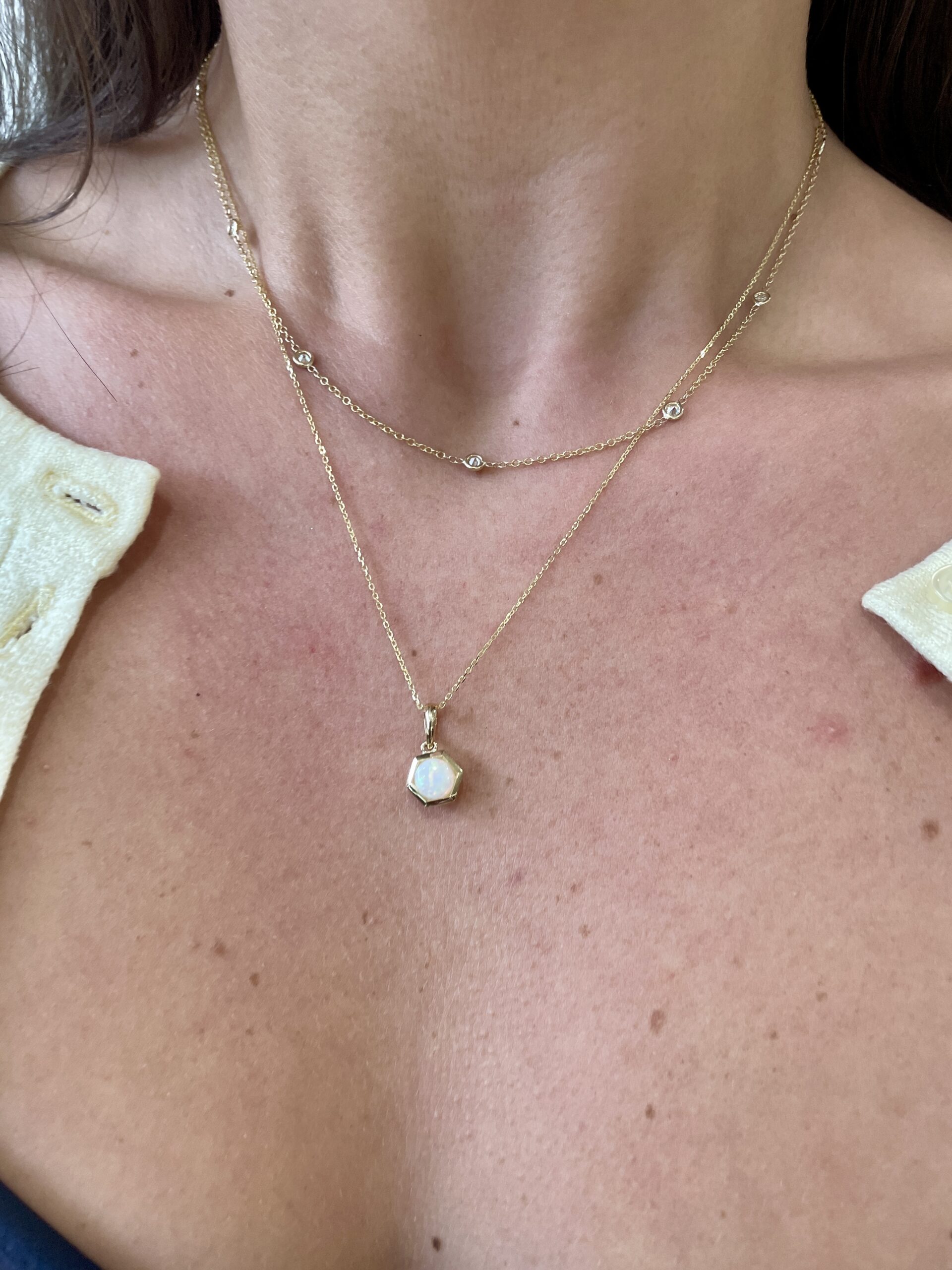 Yellow Gold Round Opal Hex Halo Necklace