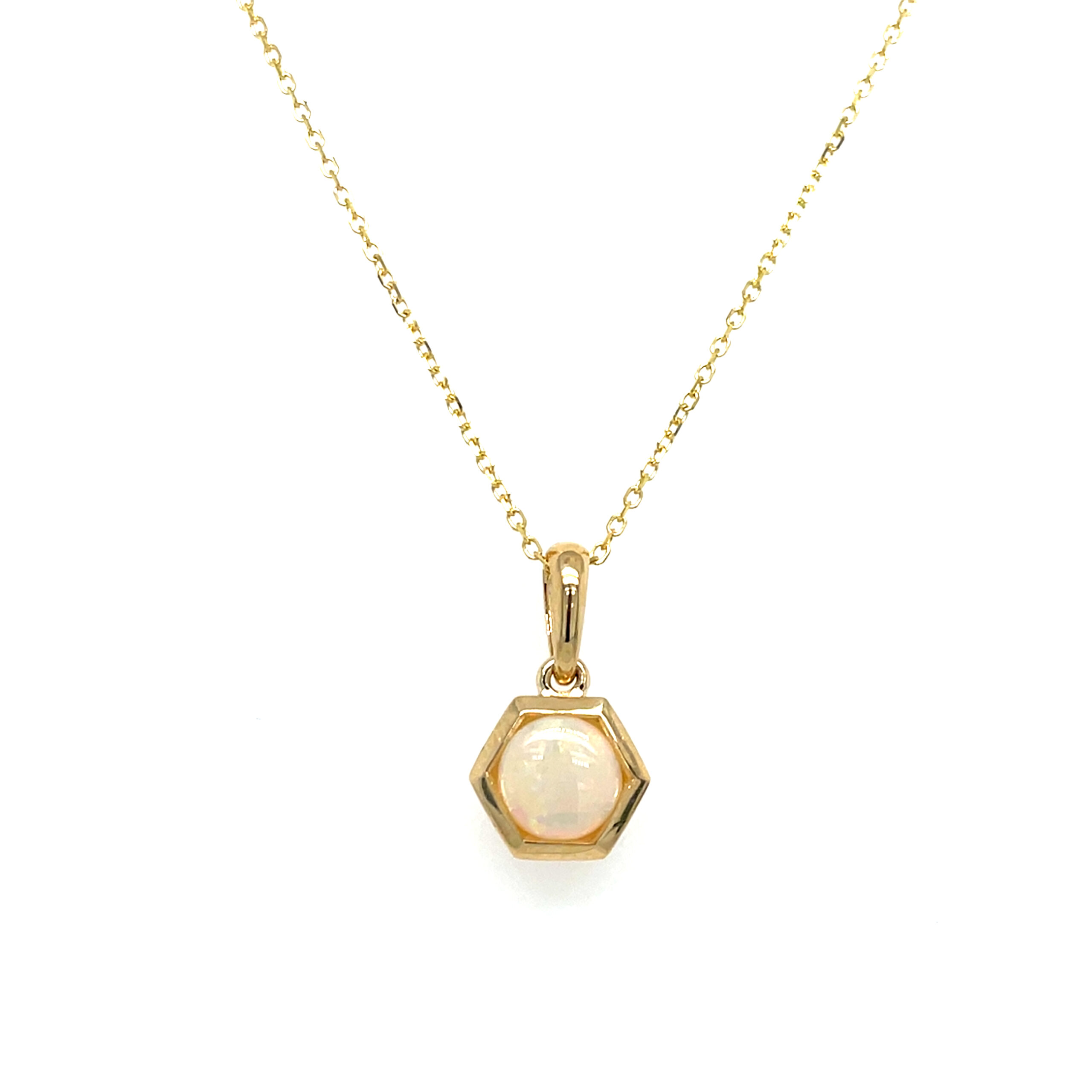 Yellow Gold Round Opal Hex Halo Necklace