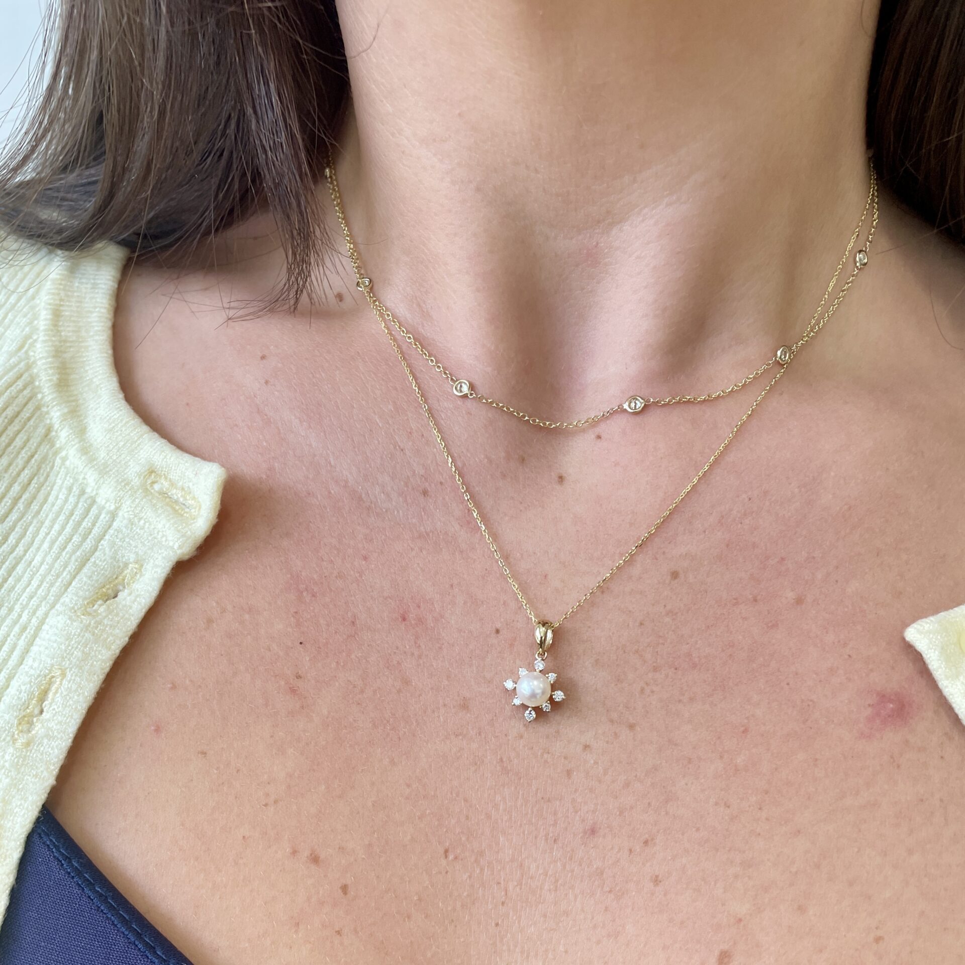 Yellow Gold Diamond Burst Pearl Necklace