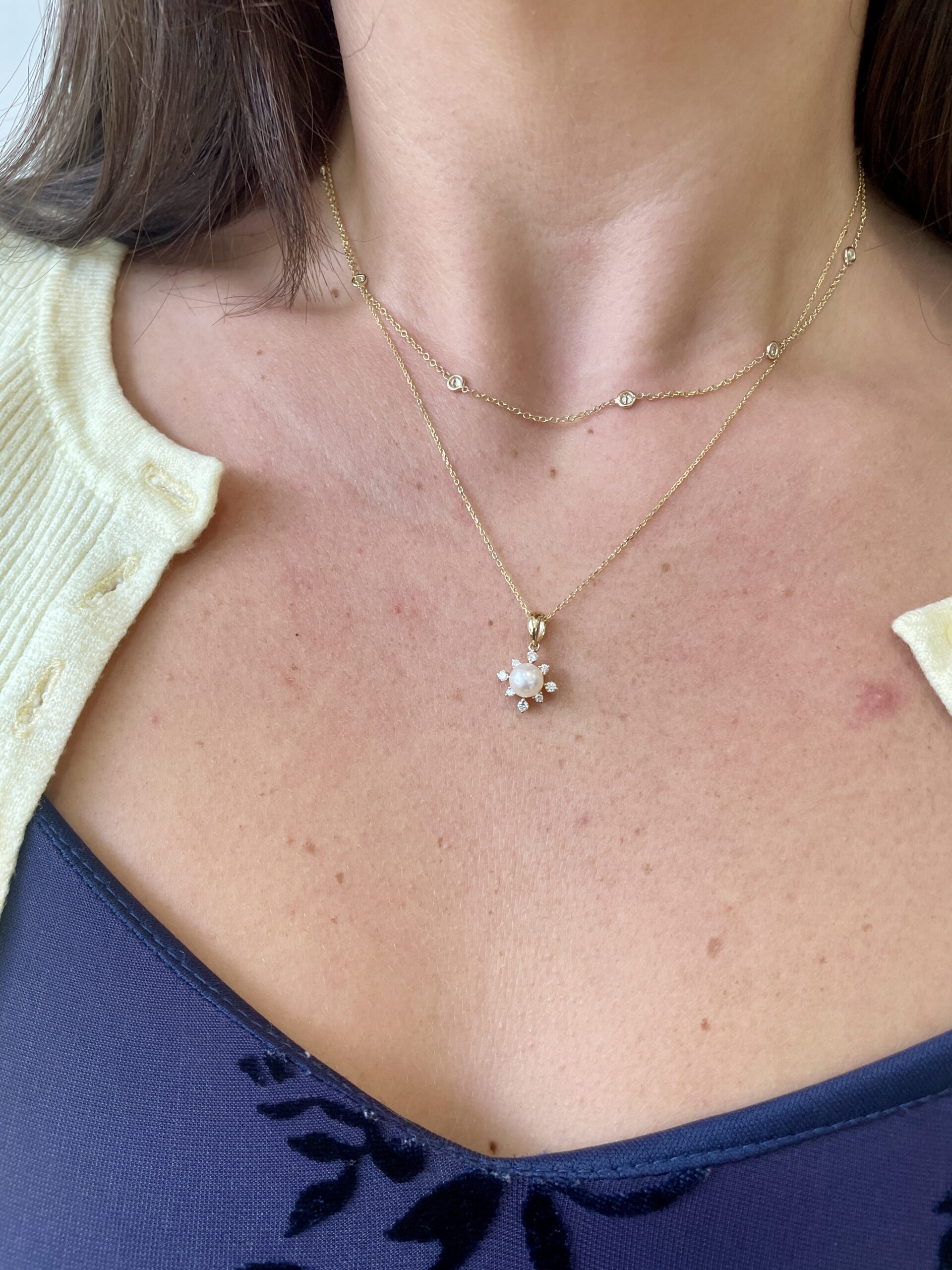 Yellow Gold Diamond Burst Pearl Necklace