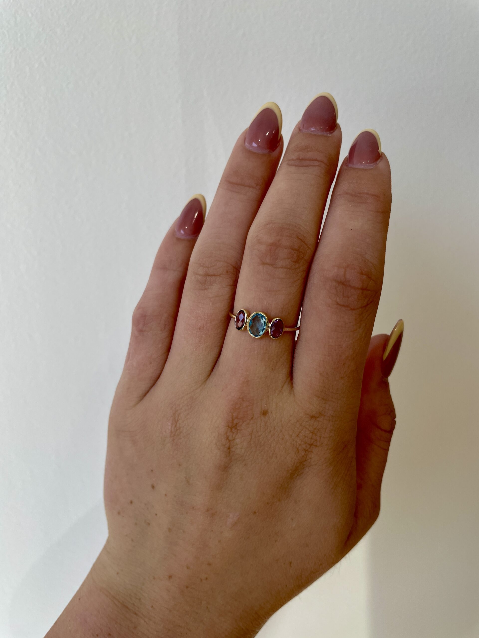 Yellow Gold Triple Oval Amethyst & Blue Topaz Bezel Ring