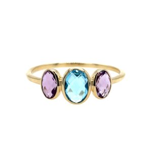 Yellow Gold Triple Oval Amethyst & Blue Topaz Bezel Ring