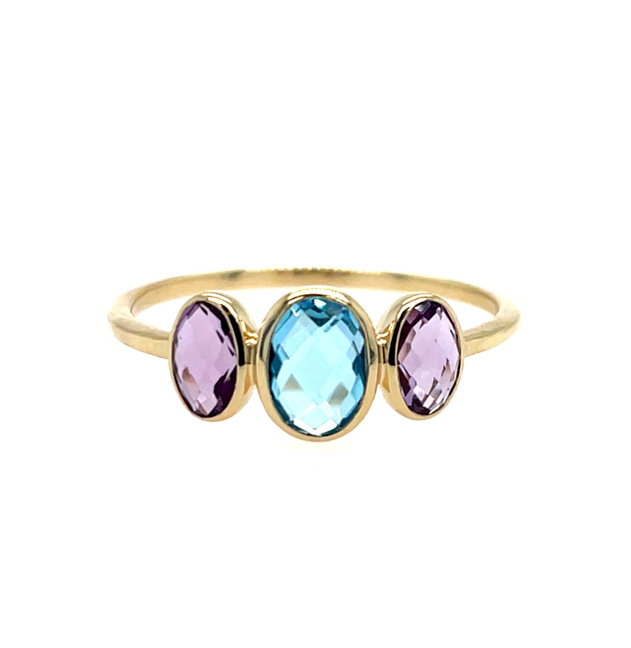 Yellow Gold Triple Oval Amethyst & Blue Topaz Bezel Ring
