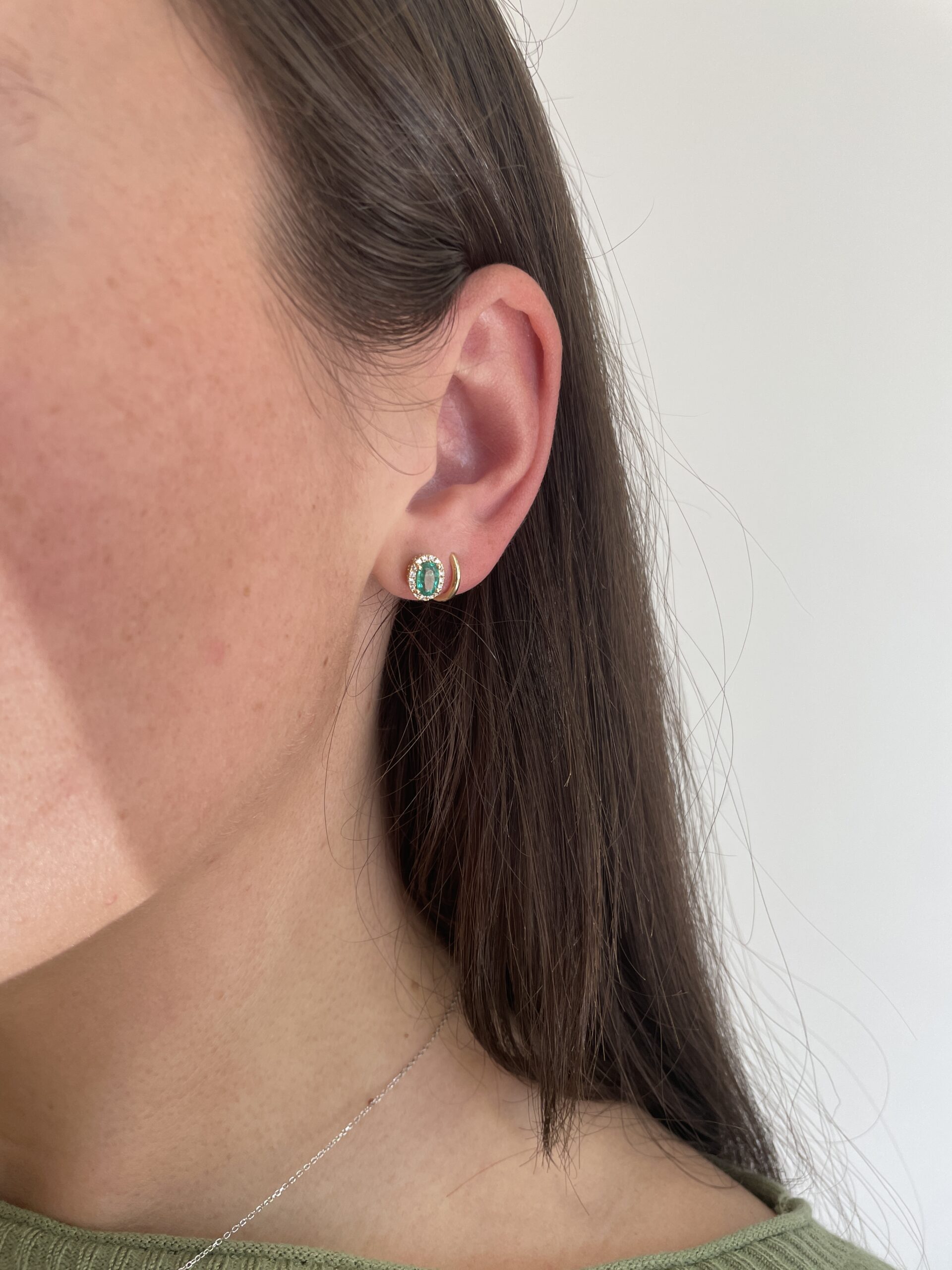 Yellow Gold Diamond Halo Emerald Stud Earrings