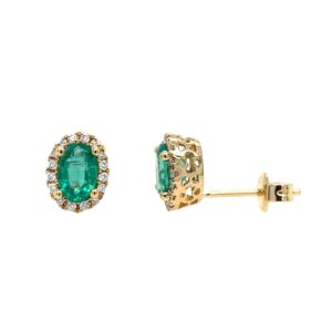 Yellow Gold Diamond Halo Emerald Stud Earrings