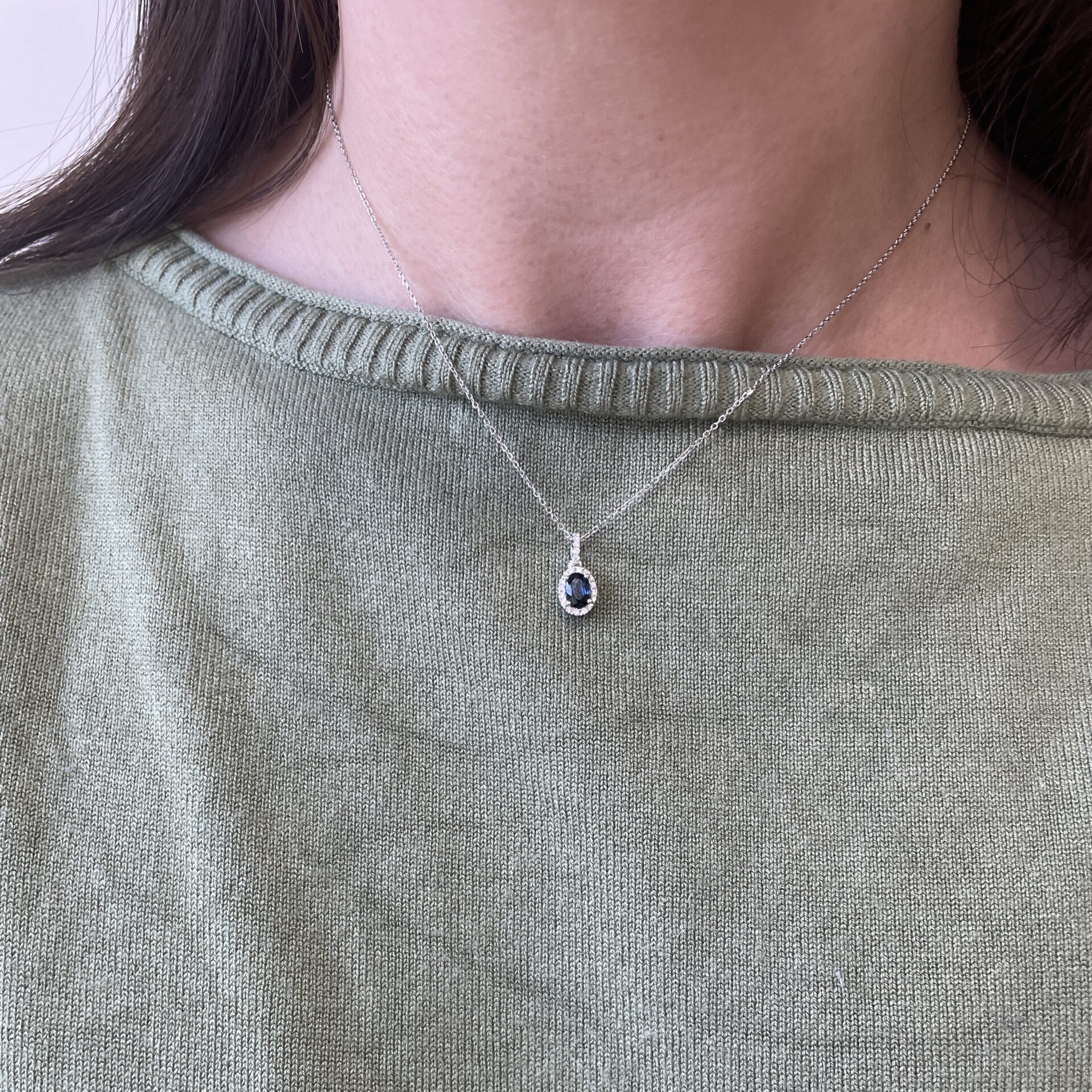 White Gold Diamond Halo Sapphire Necklace