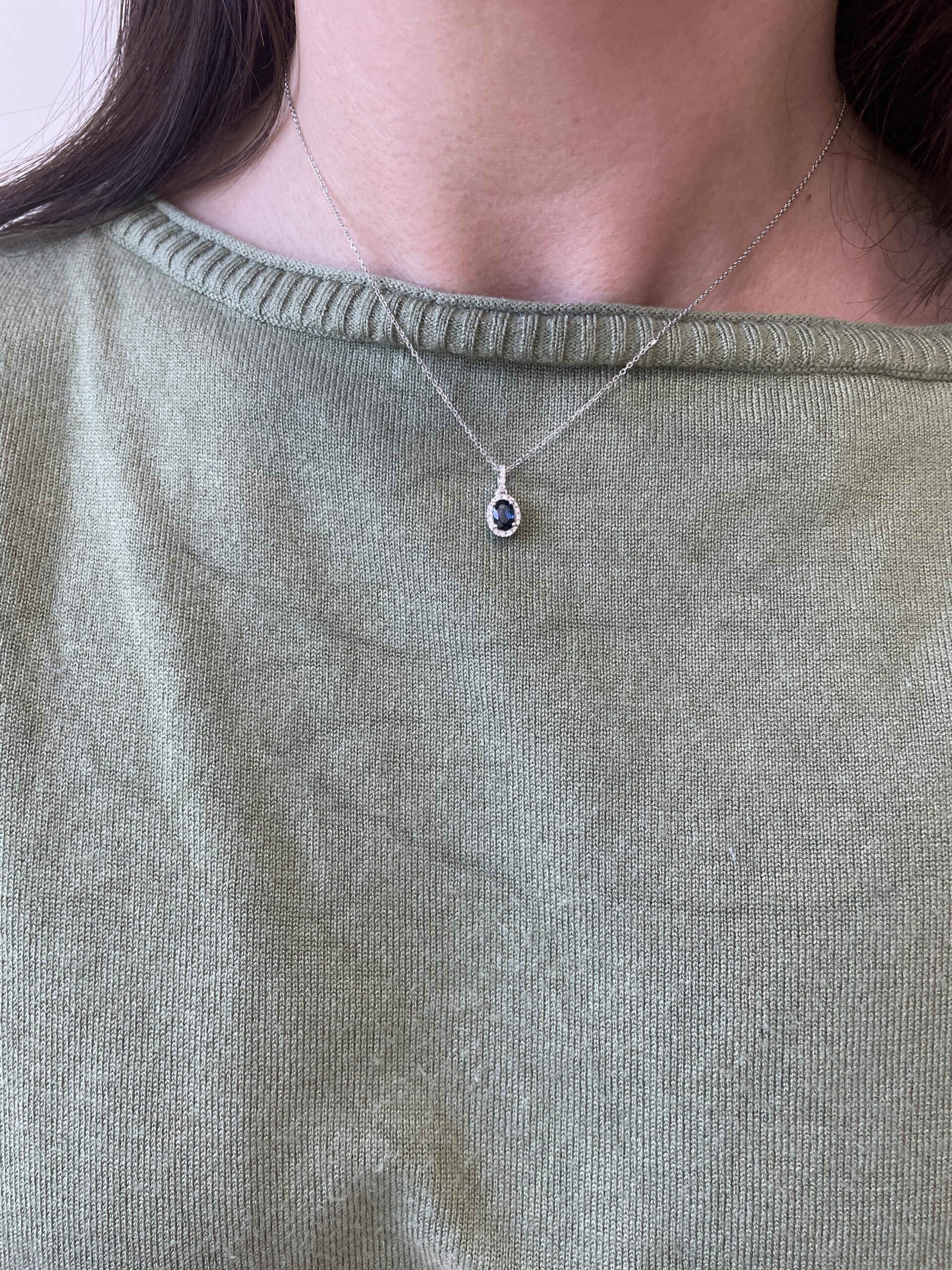 White Gold Diamond Halo Sapphire Necklace