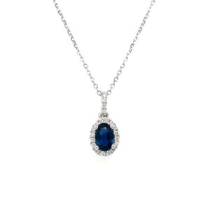 White Gold Diamond Halo Sapphire Necklace