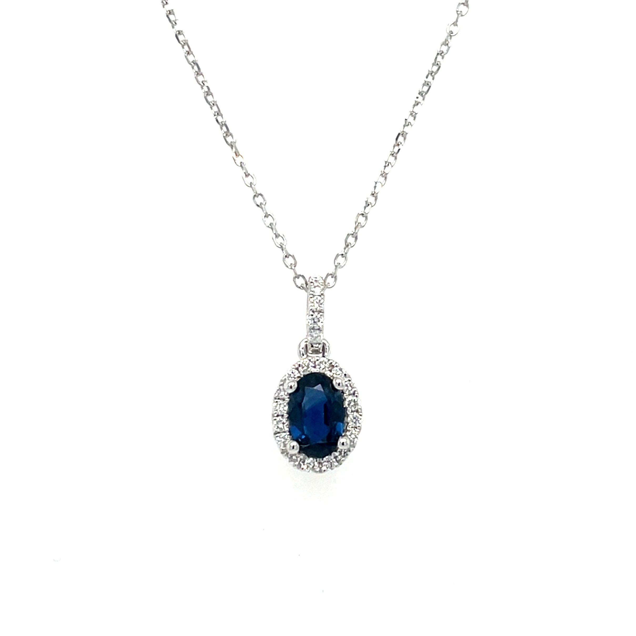 White Gold Diamond Halo Sapphire Necklace