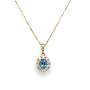 Yellow Gold Diamond Halo Aquamarine Necklace