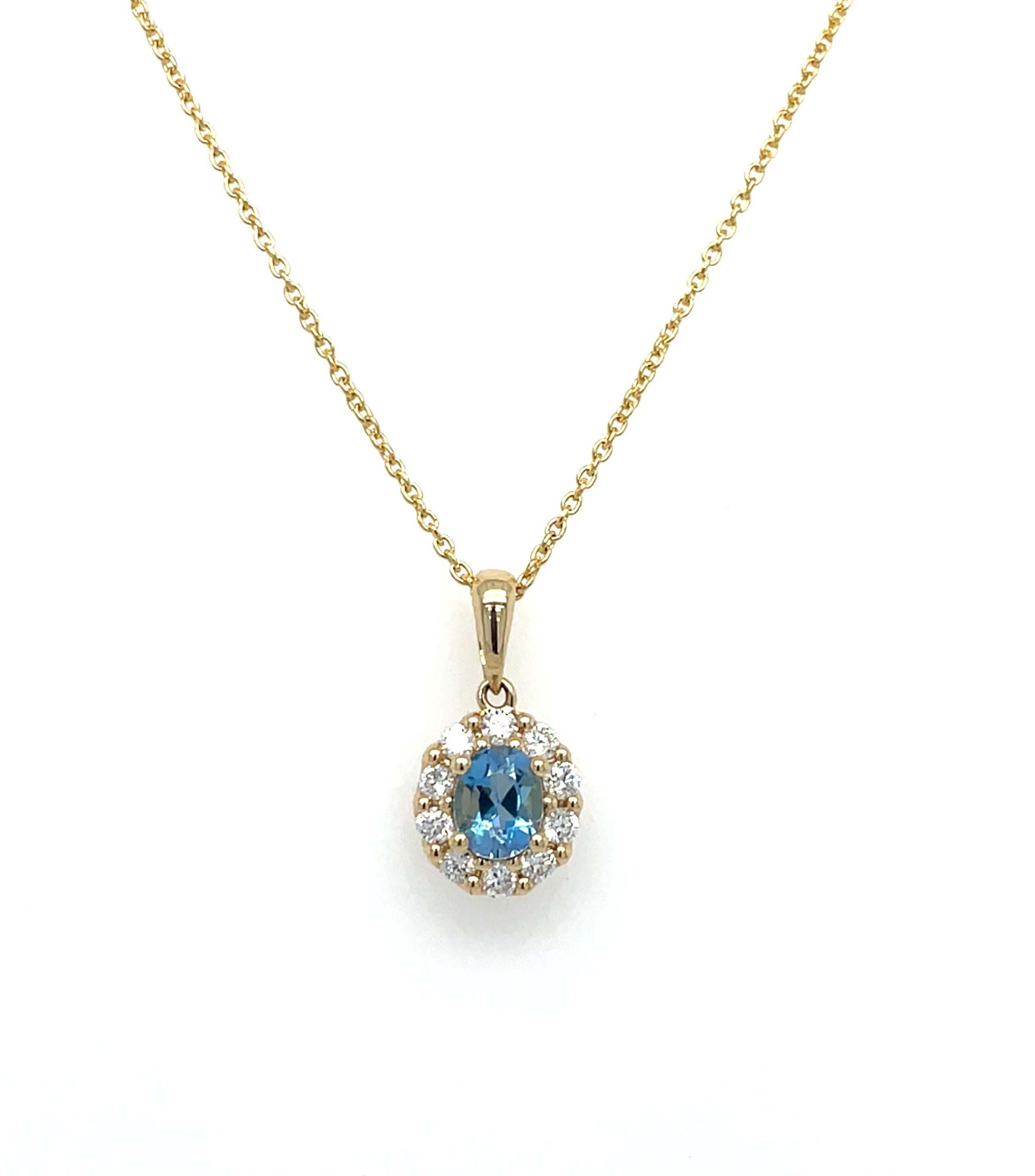 Yellow Gold Diamond Halo Aquamarine Necklace