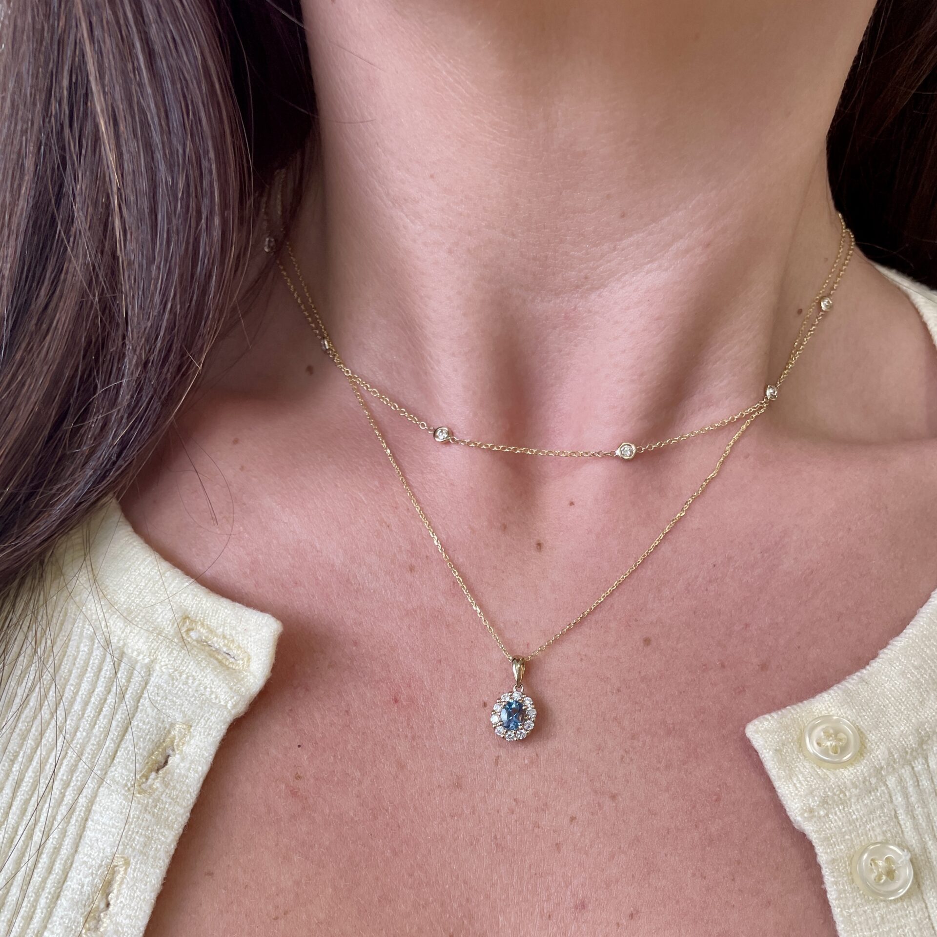 Yellow Gold Diamond Halo Aquamarine Necklace