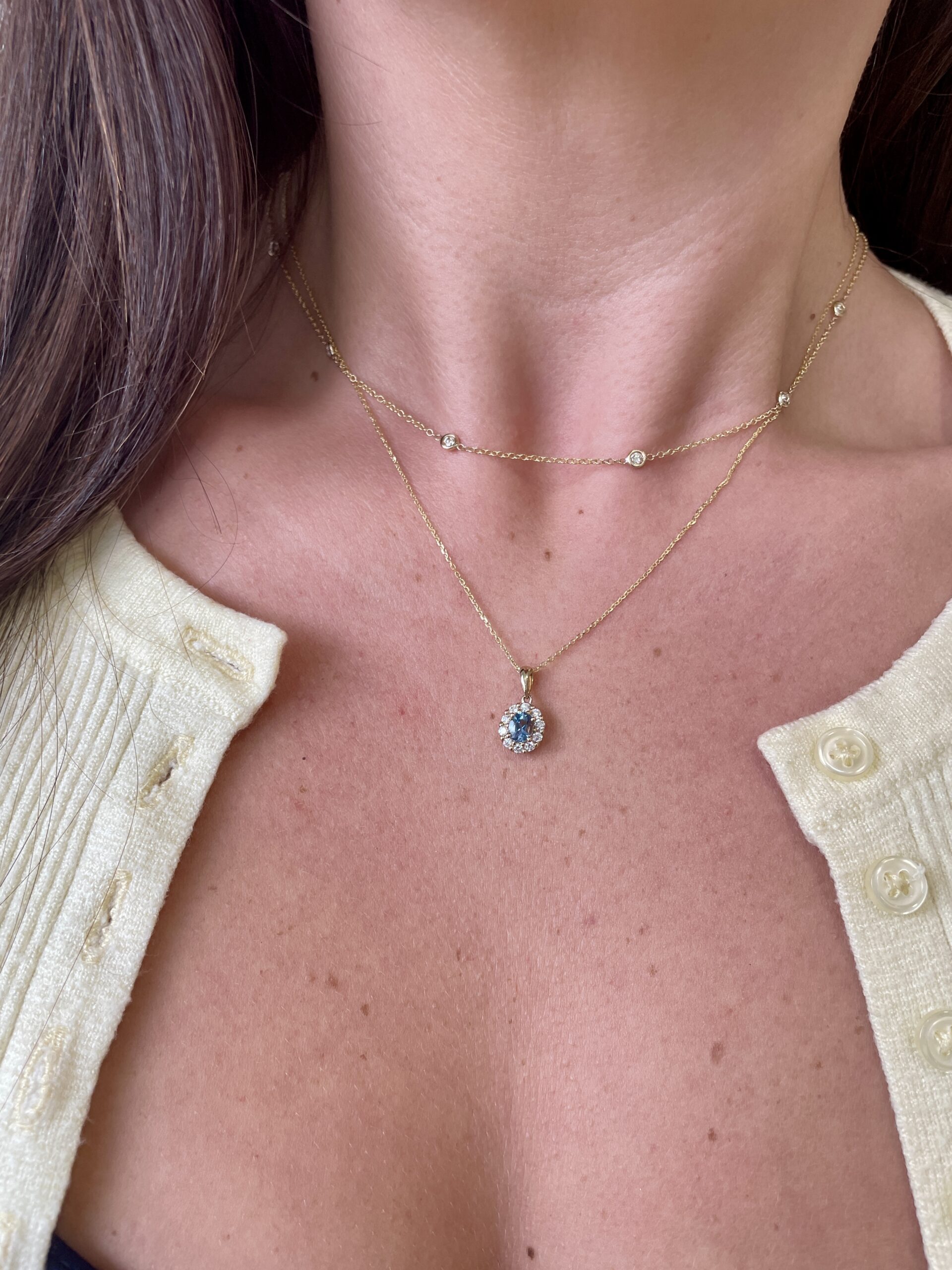Yellow Gold Diamond Halo Aquamarine Necklace