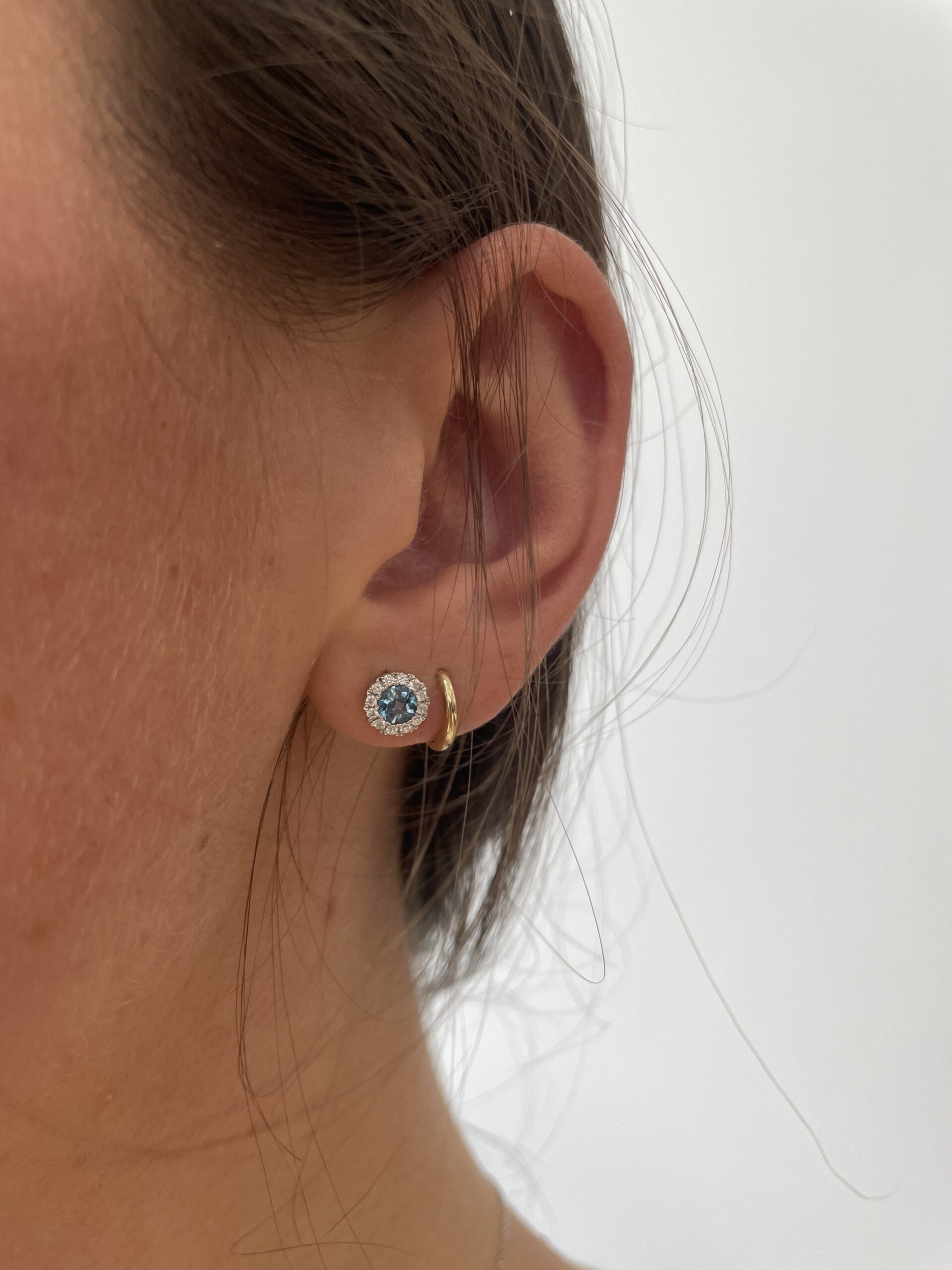 White Gold Blue Topaz Stud Earrings with Diamond Halos