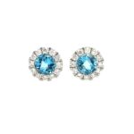White Gold Blue Topaz Stud Earrings with Diamond Halos