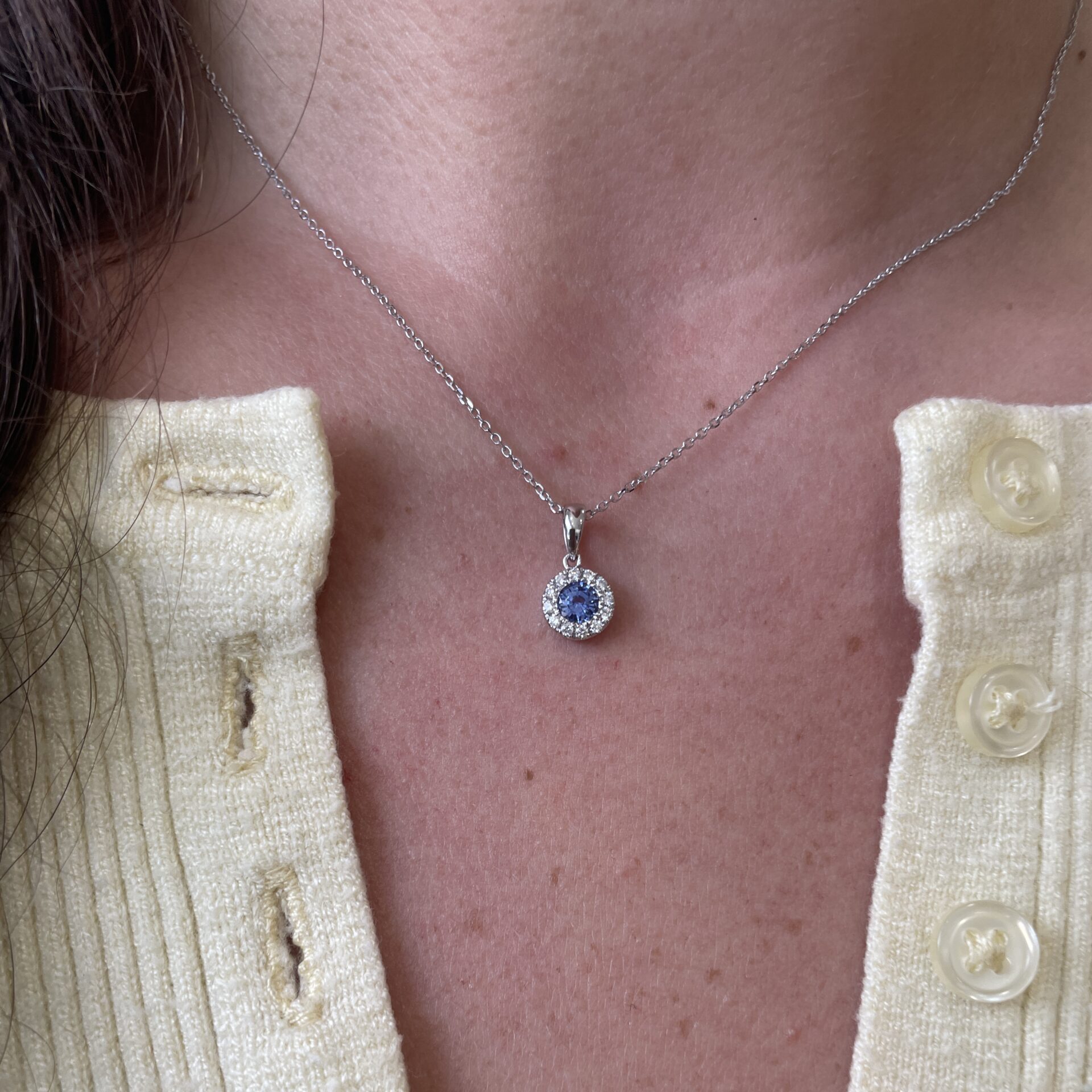 White Gold Diamond Halo Sapphire Necklace