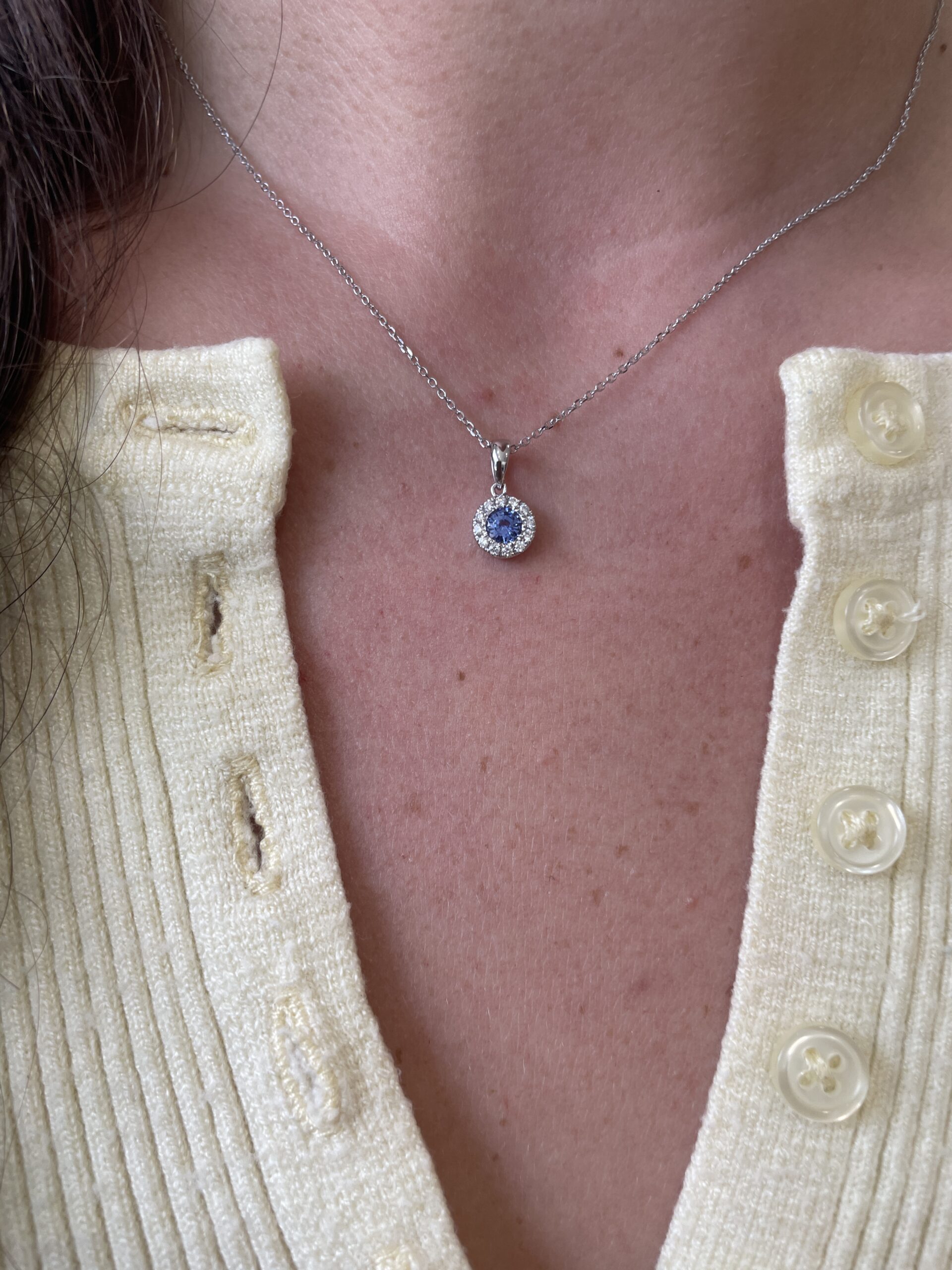 White Gold Diamond Halo Sapphire Necklace