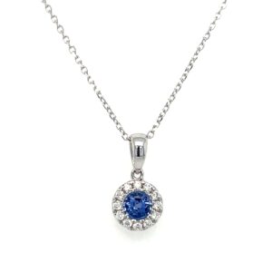 White Gold Diamond Halo Sapphire Necklace