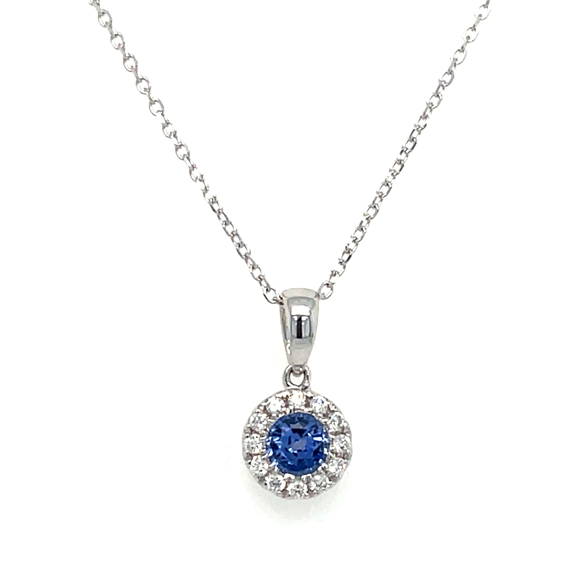 White Gold Diamond Halo Sapphire Necklace