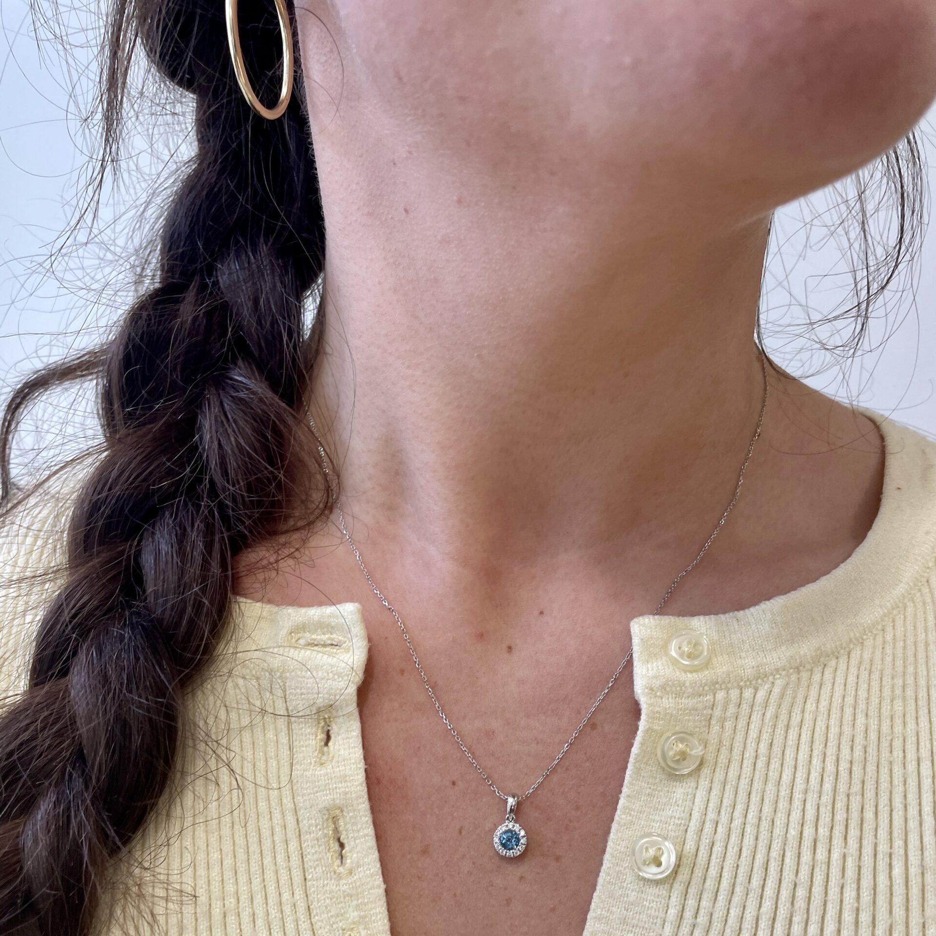 White Gold Diamond Halo Blue Topaz Necklace