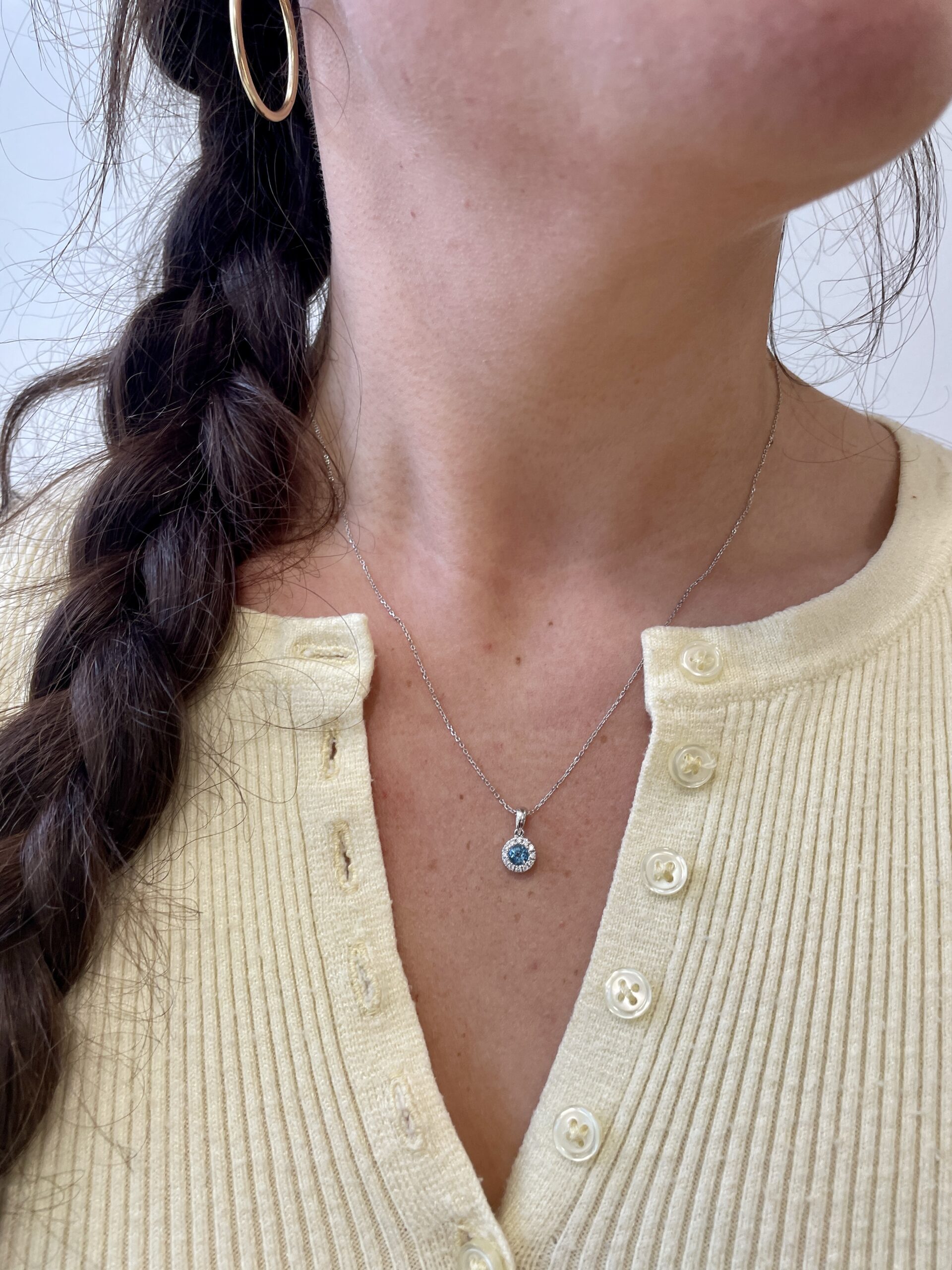 White Gold Diamond Halo Blue Topaz Necklace