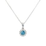 White Gold Diamond Halo Blue Topaz Necklace