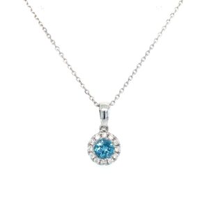 White Gold Diamond Halo Blue Topaz Necklace