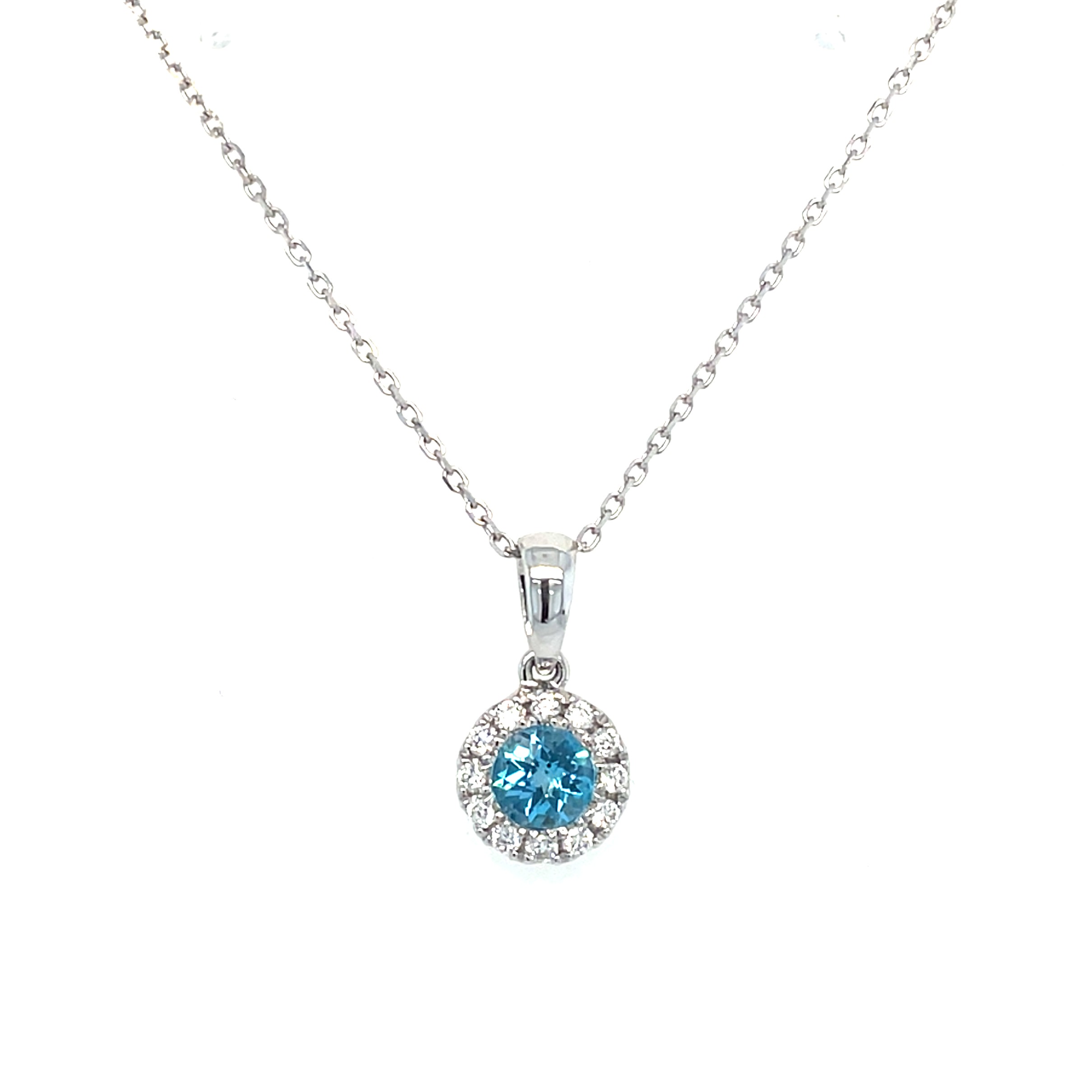 White Gold Diamond Halo Blue Topaz Necklace
