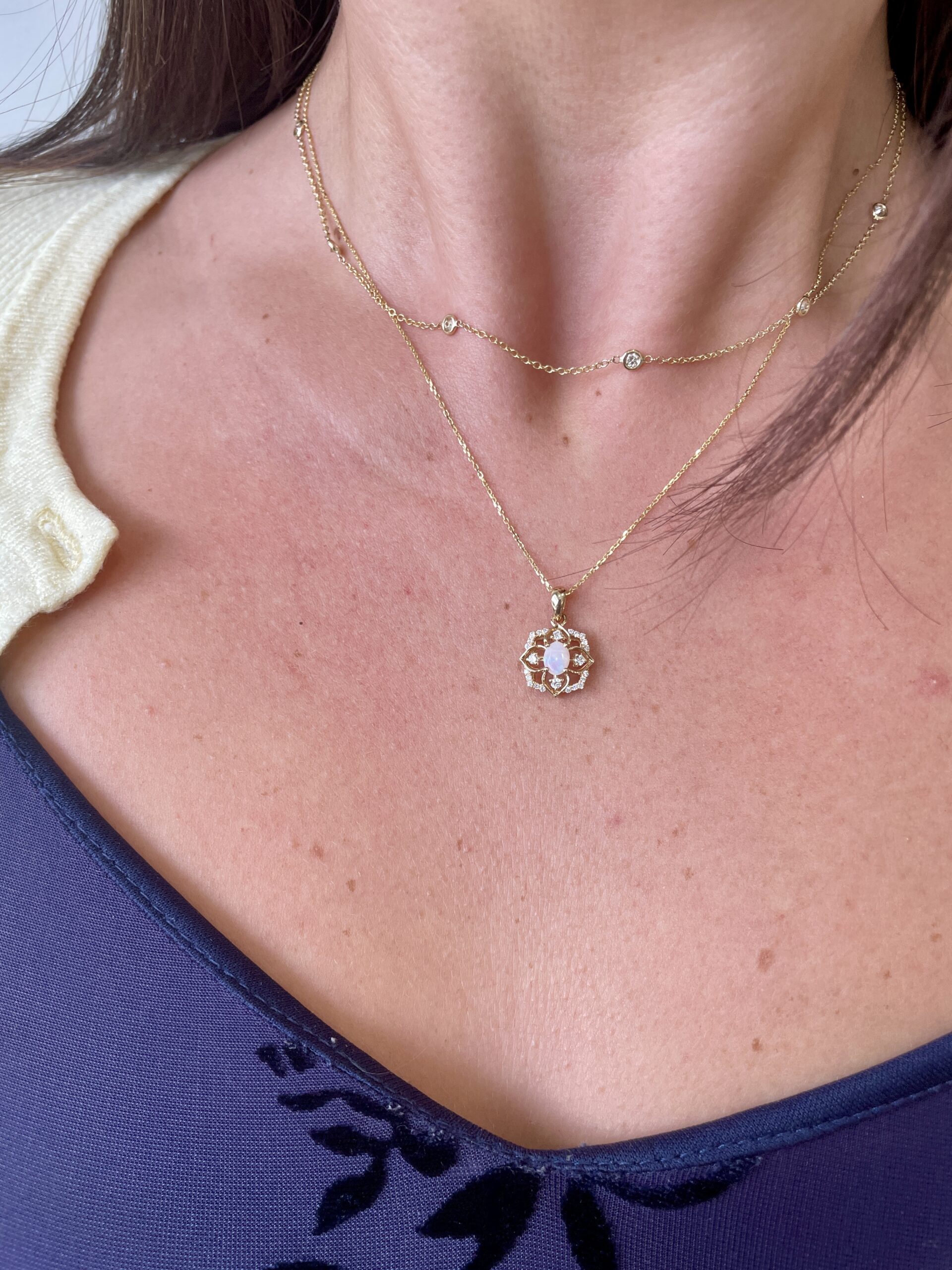 Yellow Gold Opal Necklace with Diamonds