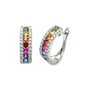 White Gold Multi-Colored Sapphire and Diamond Hoop Earrings