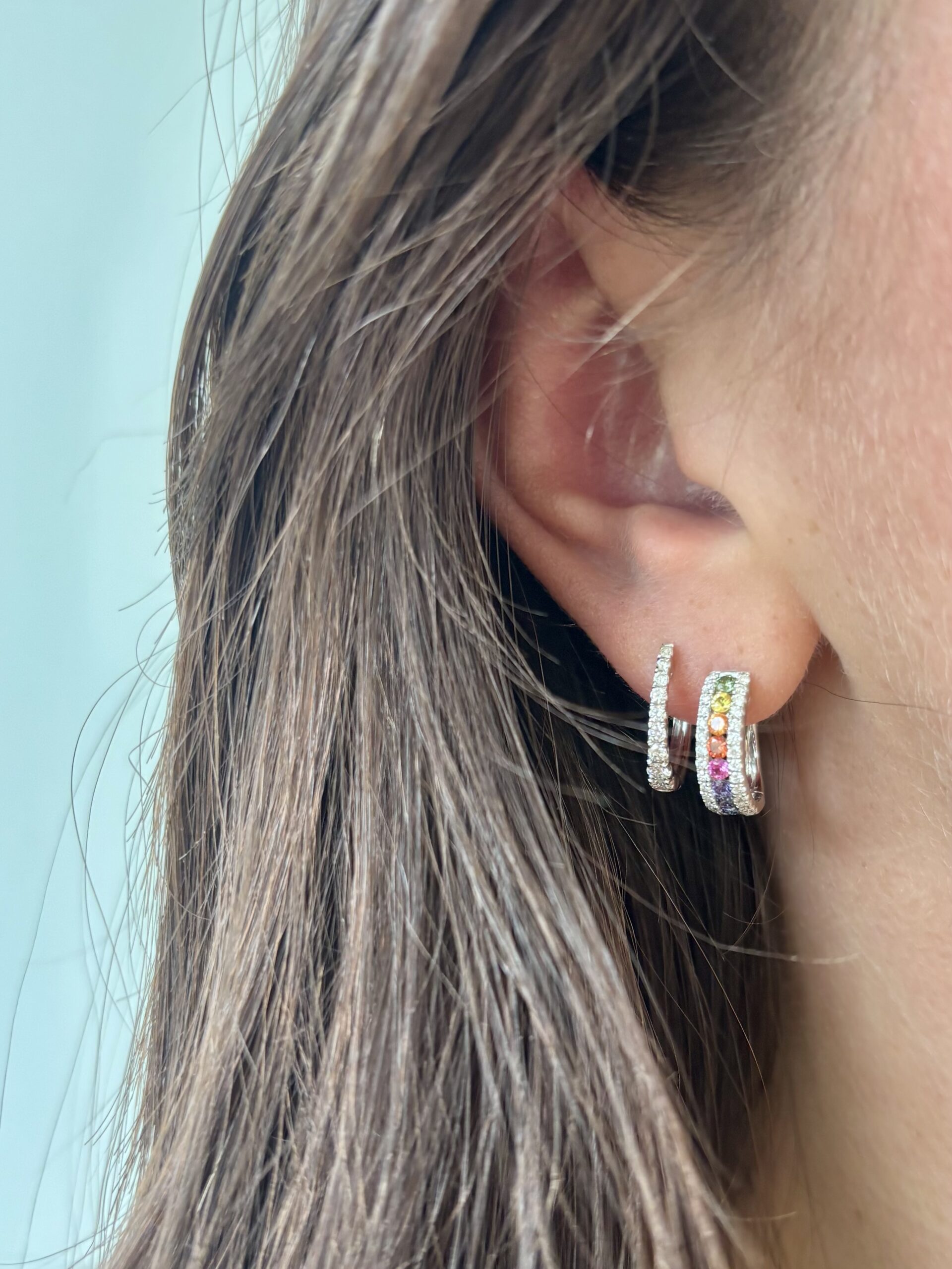 White Gold Multi-Colored Sapphire and Diamond Hoop Earrings