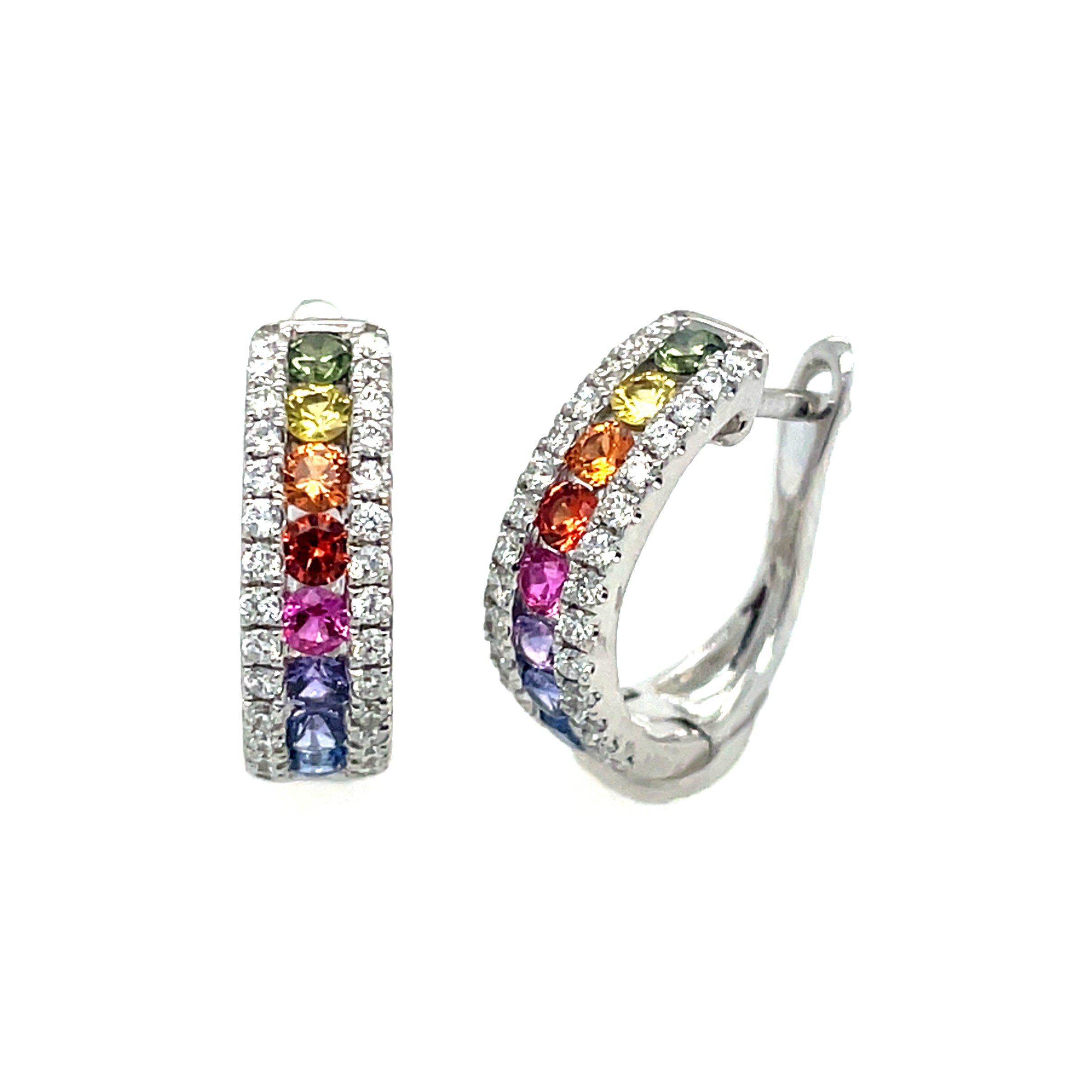 White Gold Multi-Colored Sapphire and Diamond Hoop Earrings