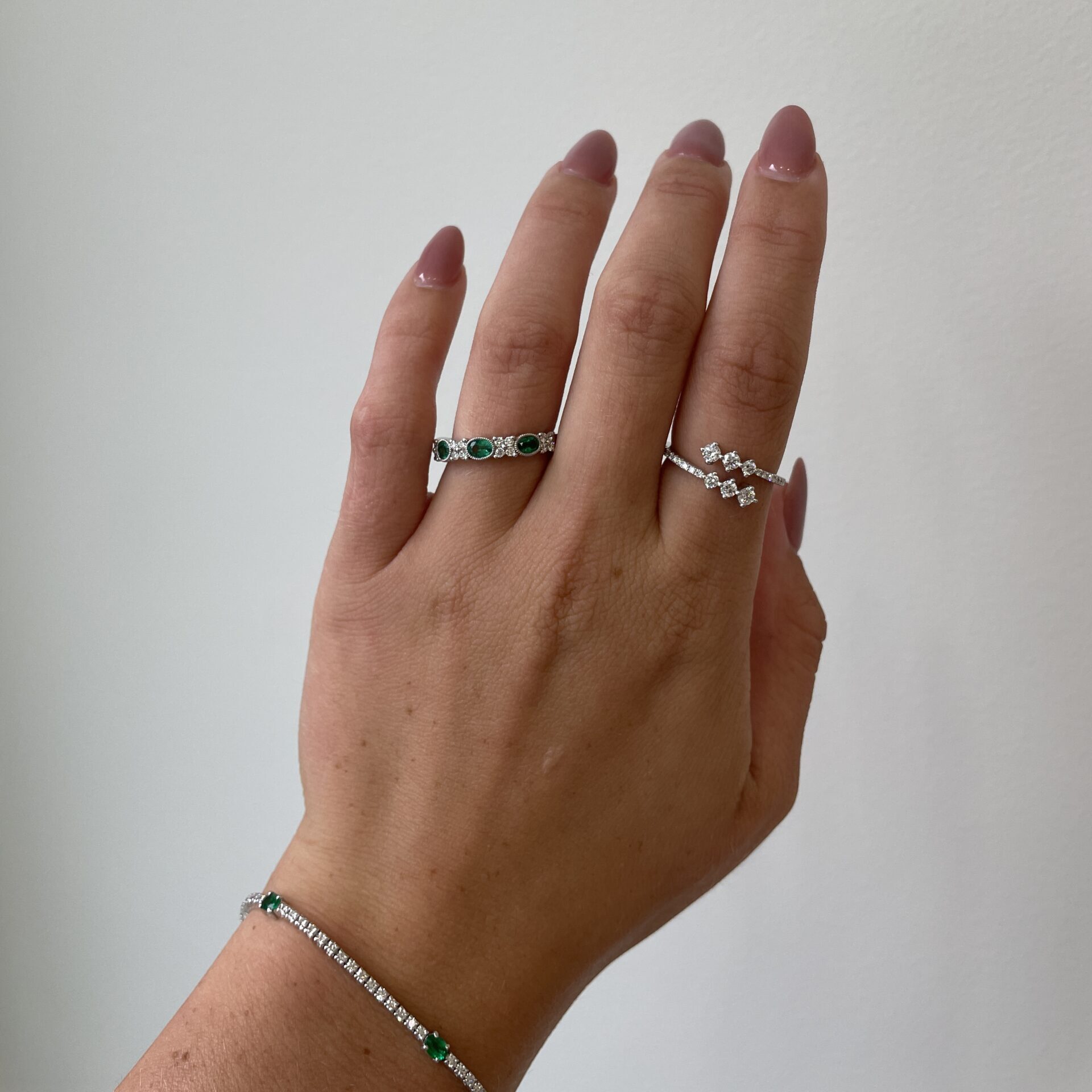 White Gold Emerald & Diamond Stackable Band
