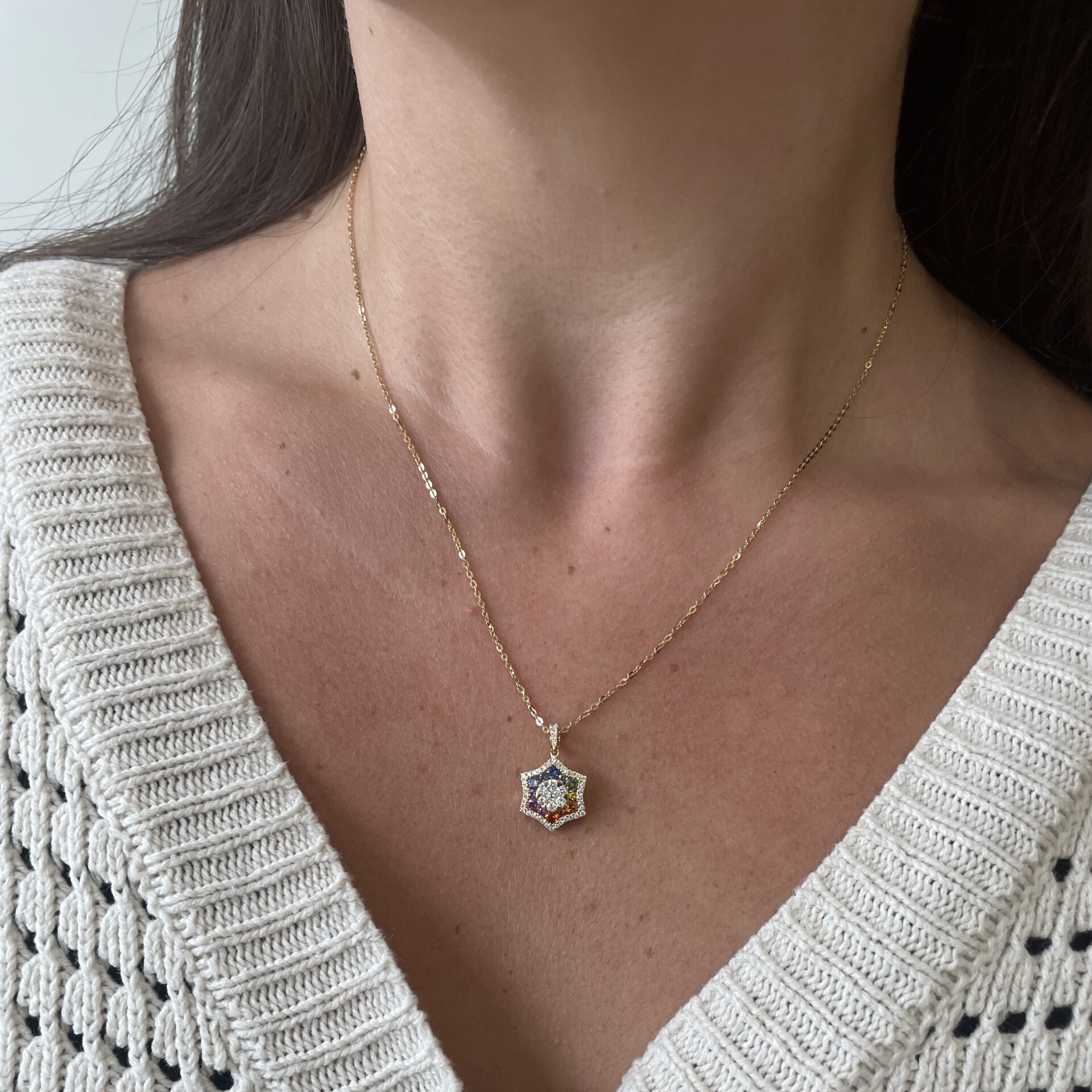 Yellow Gold Multi-Colored Sapphire Necklace with Diamonds