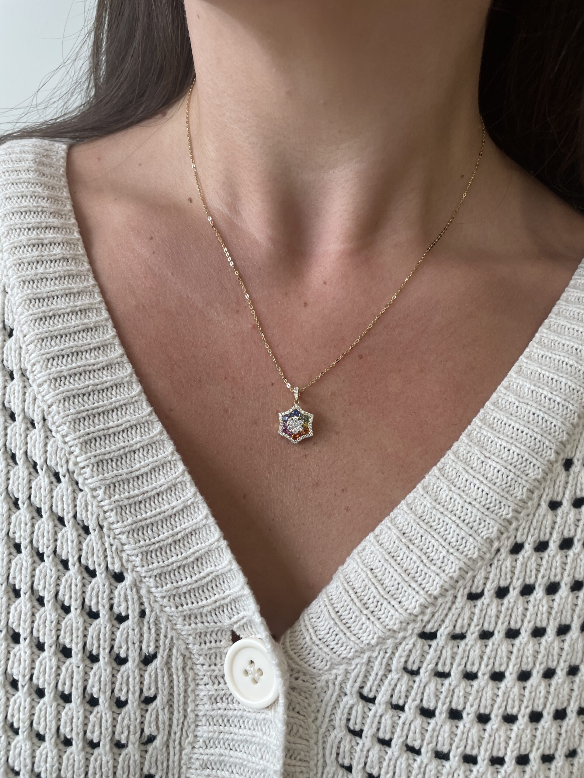Yellow Gold Multi-Colored Sapphire Necklace with Diamonds