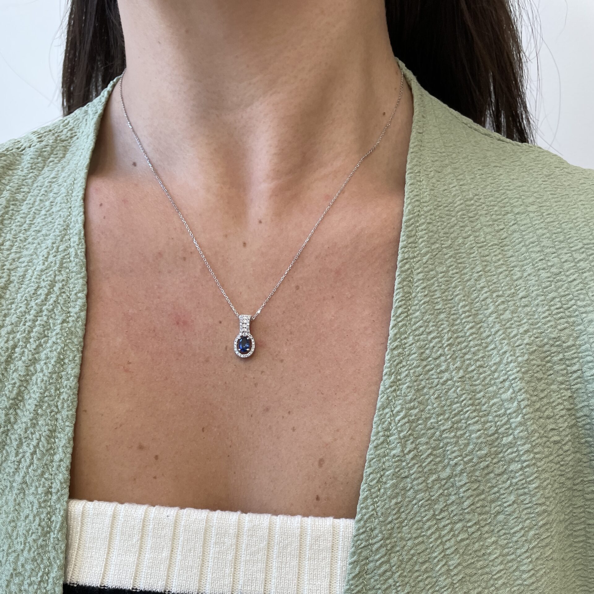 White Gold Diamond Halo Sapphire Necklace