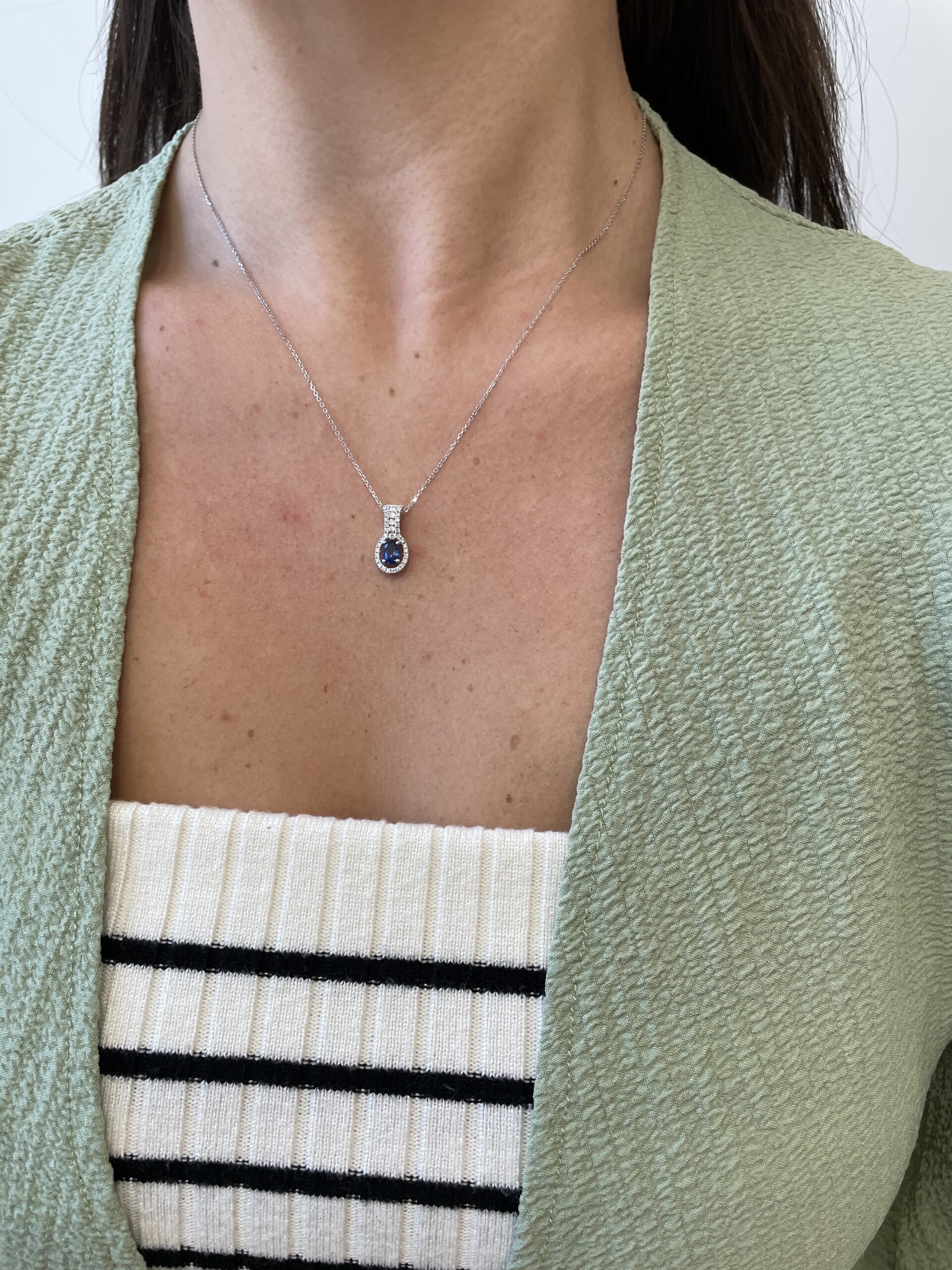 White Gold Diamond Halo Sapphire Necklace