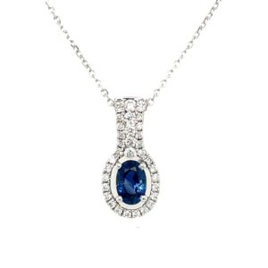 White Gold Diamond Halo Sapphire Necklace