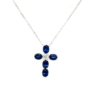 White Gold Sapphire and Diamond Cross Necklace