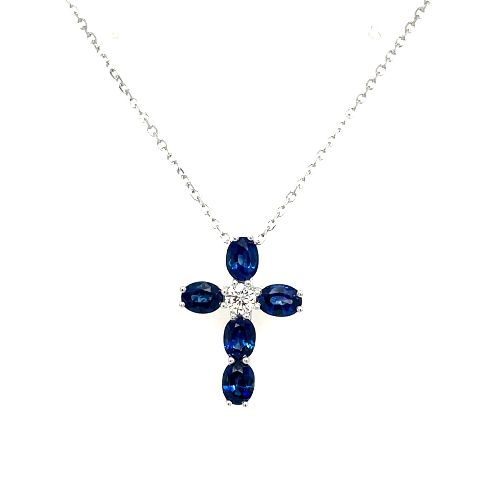 White Gold Sapphire and Diamond Cross Necklace