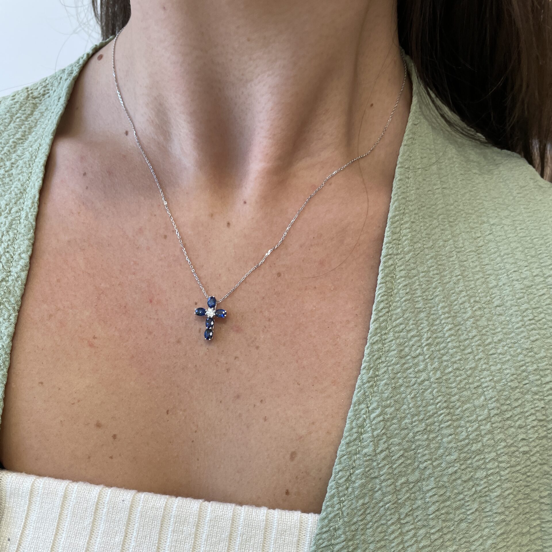 White Gold Sapphire and Diamond Cross Necklace
