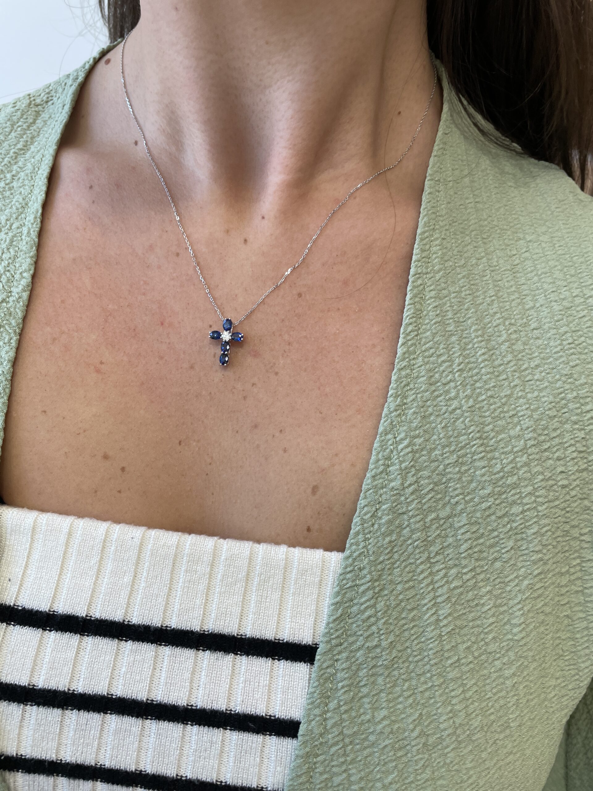 White Gold Sapphire and Diamond Cross Necklace