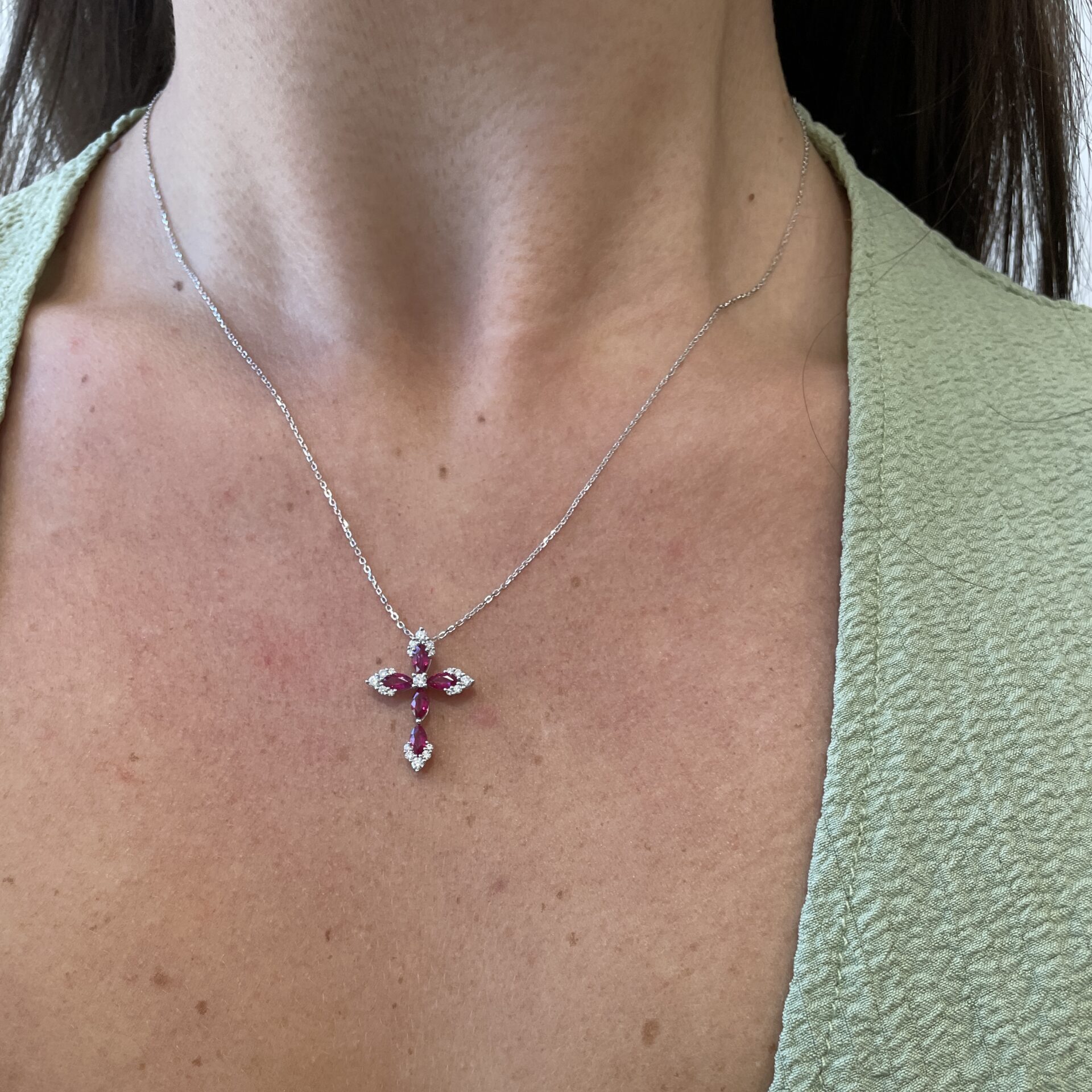 White Gold Ruby and Diamond Cross Pendant Necklace