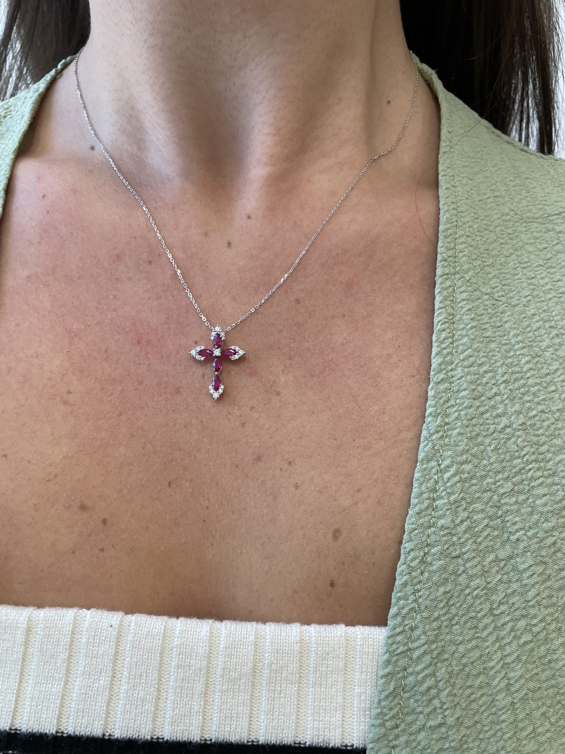 White Gold Ruby and Diamond Cross Pendant Necklace