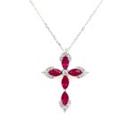 White Gold Ruby and Diamond Cross Pendant Necklace