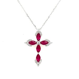 White Gold Ruby and Diamond Cross Pendant Necklace