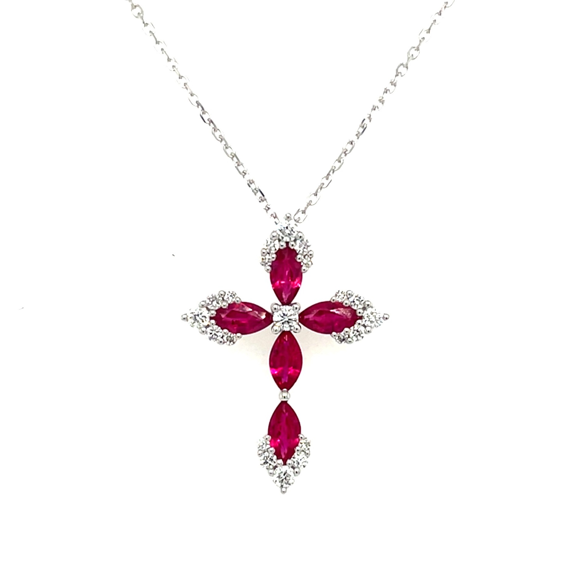 White Gold Ruby and Diamond Cross Pendant Necklace
