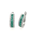 White Gold Emerald and Diamond Huggie Hoop Earrings